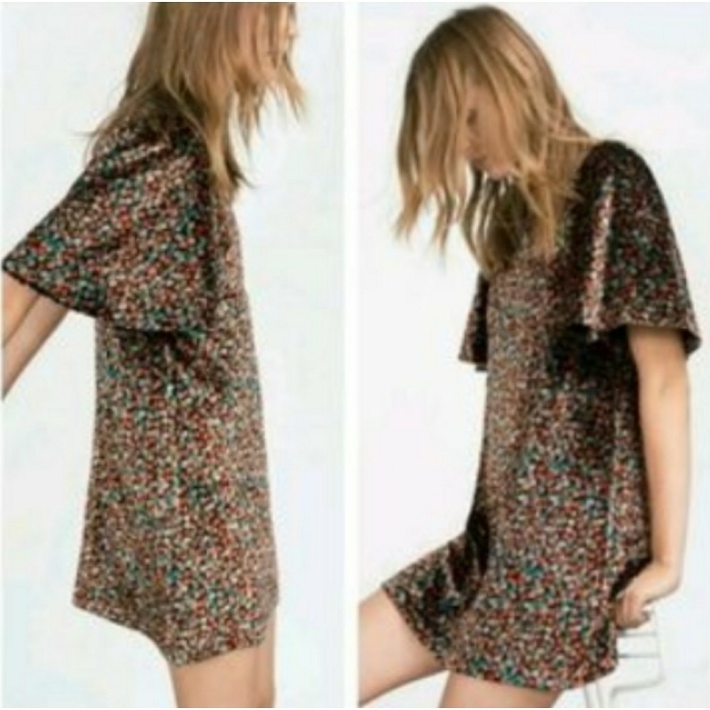 ZARA // short bell sleeve floral velvet mini dress